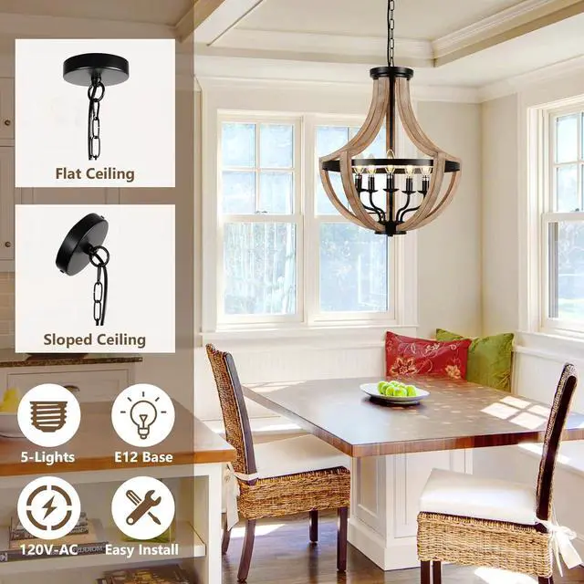 Alt view image 3 of 7 - 19" Farmhouse Chandelier Light Fixtures, 5-Light Dining Room Light Fixtures Over Table, Solid Wood Modern Chandeliers for Dining Room Living Room Kitchen Island Bedroom Foyer, Height Adjustable, Brown