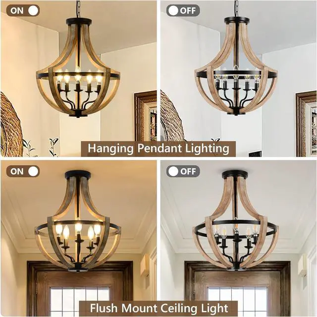 Alt view image 5 of 7 - 19" Farmhouse Chandelier Light Fixtures, 5-Light Dining Room Light Fixtures Over Table, Solid Wood Modern Chandeliers for Dining Room Living Room Kitchen Island Bedroom Foyer, Height Adjustable, Brown