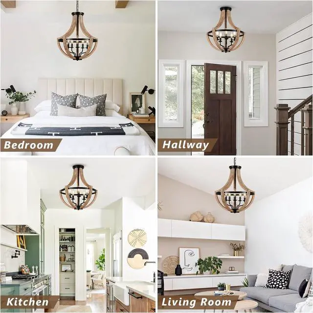Alt view image 7 of 7 - 19" Farmhouse Chandelier Light Fixtures, 5-Light Dining Room Light Fixtures Over Table, Solid Wood Modern Chandeliers for Dining Room Living Room Kitchen Island Bedroom Foyer, Height Adjustable, Brown