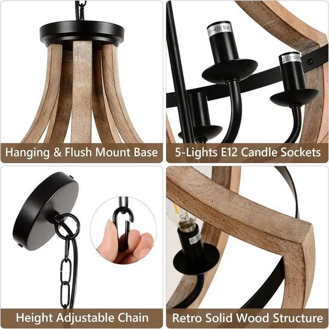 Alt view image 6 of 7 - 19" Farmhouse Chandelier Light Fixtures, 5-Light Dining Room Light Fixtures Over Table, Solid Wood Modern Chandeliers for Dining Room Living Room Kitchen Island Bedroom Foyer, Height Adjustable, Brown