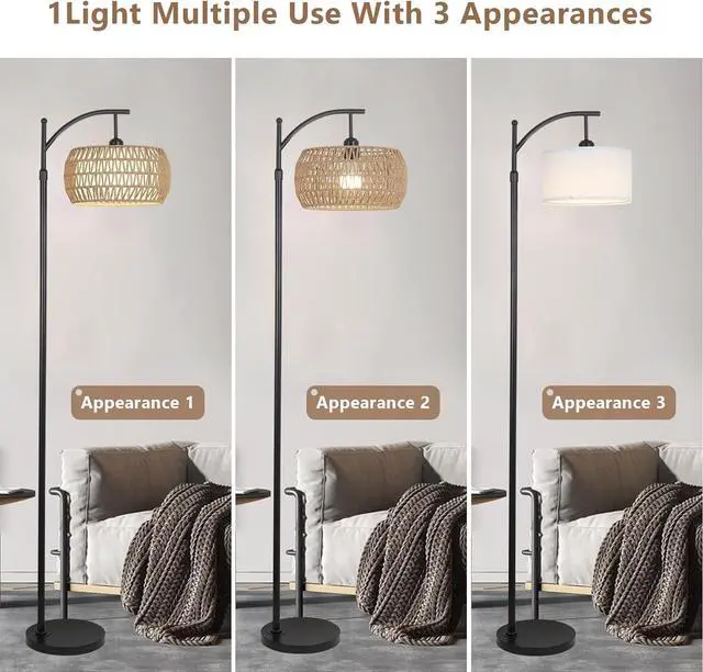 Alt view image 2 of 7 - Arc Floor Lamp with Remote Control, Dimmable Led Floor Lamp with 3 Color Temperature, Black Standing Lamp with Rattan & Fabric Double Drum Shade, Boho Farmhouse Tall Pole Lamp for Living Room Bedroom