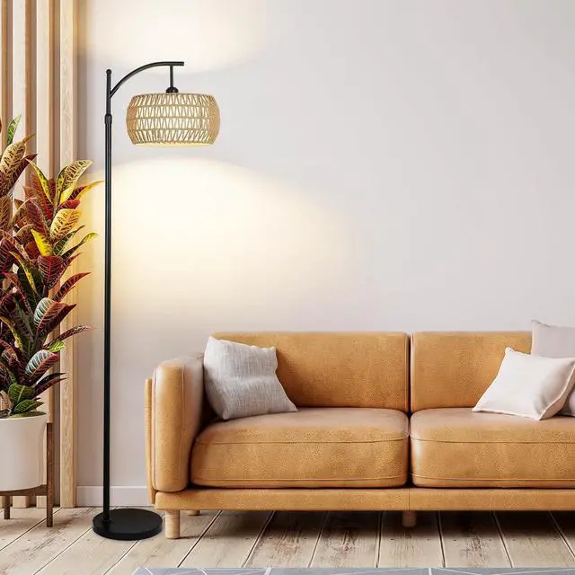 Alt view image 4 of 7 - Arc Floor Lamp with Remote Control, Dimmable Led Floor Lamp with 3 Color Temperature, Black Standing Lamp with Rattan & Fabric Double Drum Shade, Boho Farmhouse Tall Pole Lamp for Living Room Bedroom