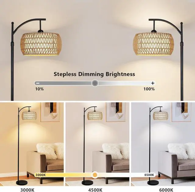 Alt view image 6 of 7 - Arc Floor Lamp with Remote Control, Dimmable Led Floor Lamp with 3 Color Temperature, Black Standing Lamp with Rattan & Fabric Double Drum Shade, Boho Farmhouse Tall Pole Lamp for Living Room Bedroom
