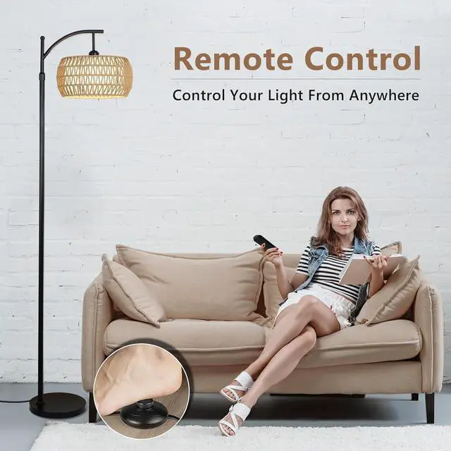 Alt view image 7 of 7 - Arc Floor Lamp with Remote Control, Dimmable Led Floor Lamp with 3 Color Temperature, Black Standing Lamp with Rattan & Fabric Double Drum Shade, Boho Farmhouse Tall Pole Lamp for Living Room Bedroom