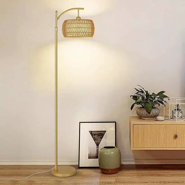 Alt view image 5 of 7 - Arc Floor Lamp with 3 Color Temperatures, Led Gold Floor Lamp with Remote & Stepless Dimmable Bulb, Boho Standing Lamp with Rattan & Fabric Shades, Farmhouse Tall Lamp for Living Room Bedroom