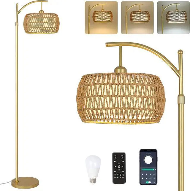 Main image of Arc Floor Lamp with 3 Color Temperatures, Led Gold Floor Lamp with Remote & Stepless Dimmable Bulb, Boho Standing Lamp with Rattan & Fabric Shades, Farmhouse Tall Lamp for Living Room Bedroom
