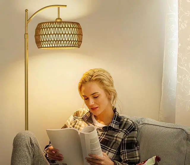 Alt view image 4 of 7 - Arc Floor Lamp with 3 Color Temperatures, Led Gold Floor Lamp with Remote & Stepless Dimmable Bulb, Boho Standing Lamp with Rattan & Fabric Shades, Farmhouse Tall Lamp for Living Room Bedroom
