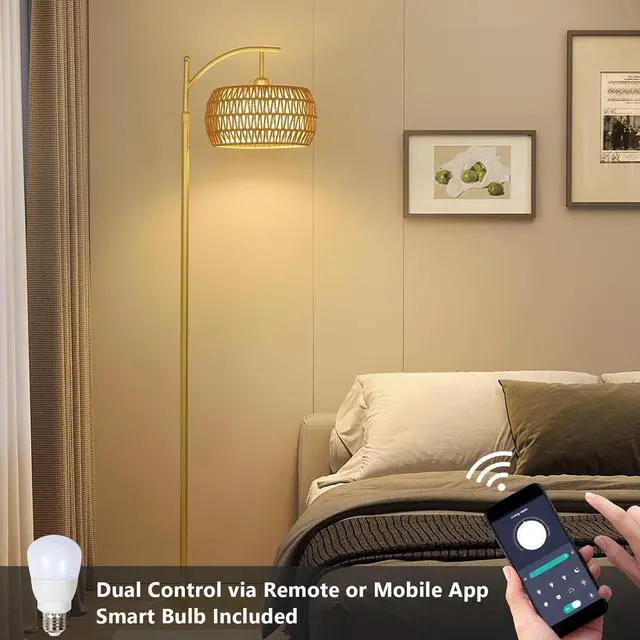 Alt view image 7 of 7 - Arc Floor Lamp with 3 Color Temperatures, Led Gold Floor Lamp with Remote & Stepless Dimmable Bulb, Boho Standing Lamp with Rattan & Fabric Shades, Farmhouse Tall Lamp for Living Room Bedroom