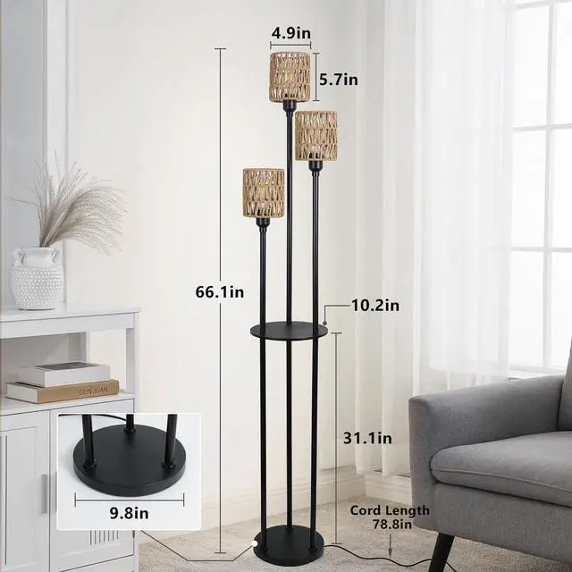 Alt view image 2 of 7 - Boho Floor Lamp with Shelves, 3-Lights Farmhouse Tall Floor Lamp with on/Off Foot Switch, Rustic Standing Lamp with Rattan Shades for Living Room Bedroom Office