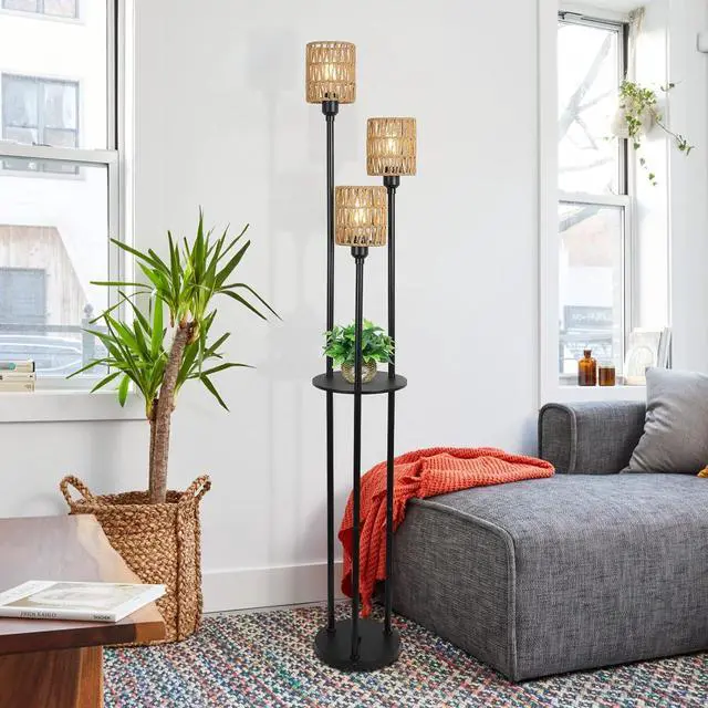 Alt view image 4 of 7 - Boho Floor Lamp with Shelves, 3-Lights Farmhouse Tall Floor Lamp with on/Off Foot Switch, Rustic Standing Lamp with Rattan Shades for Living Room Bedroom Office