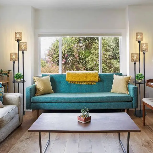 Alt view image 3 of 7 - Boho Floor Lamp with Shelves, 3-Lights Farmhouse Tall Floor Lamp with on/Off Foot Switch, Rustic Standing Lamp with Rattan Shades for Living Room Bedroom Office