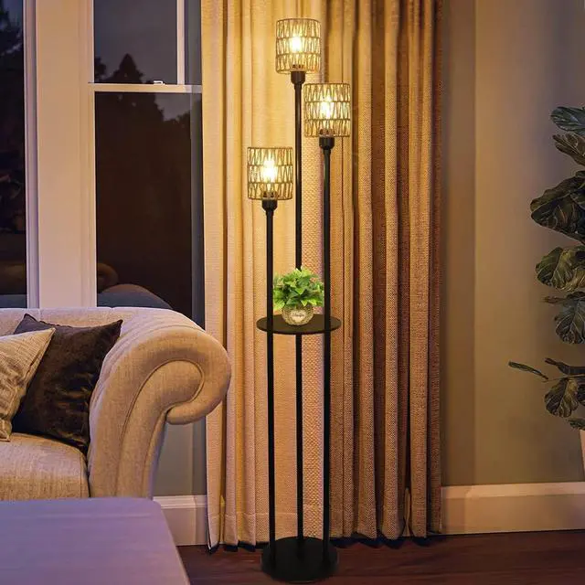 Alt view image 5 of 7 - Boho Floor Lamp with Shelves, 3-Lights Farmhouse Tall Floor Lamp with on/Off Foot Switch, Rustic Standing Lamp with Rattan Shades for Living Room Bedroom Office