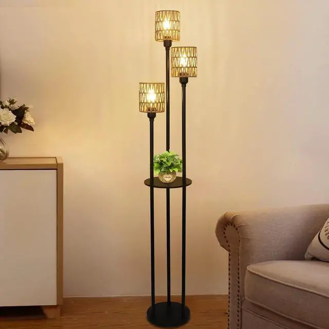 Alt view image 6 of 7 - Boho Floor Lamp with Shelves, 3-Lights Farmhouse Tall Floor Lamp with on/Off Foot Switch, Rustic Standing Lamp with Rattan Shades for Living Room Bedroom Office