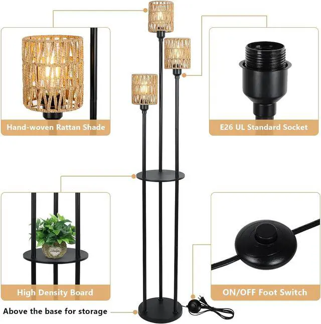 Alt view image 7 of 7 - Boho Floor Lamp with Shelves, 3-Lights Farmhouse Tall Floor Lamp with on/Off Foot Switch, Rustic Standing Lamp with Rattan Shades for Living Room Bedroom Office