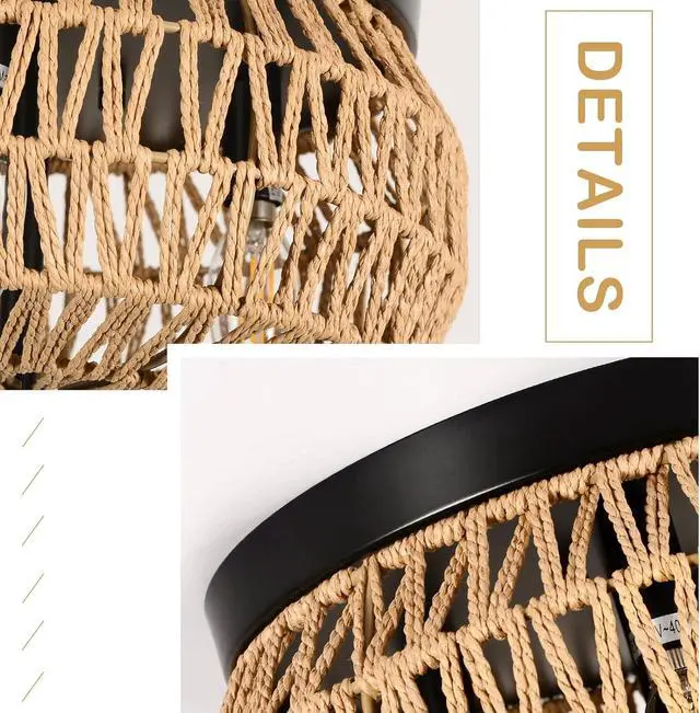 Alt view image 4 of 7 - 3-Lights Woven Rattan Flush Mount Ceiling Light Fixture with Hand-Worked Cage Shade for Bedroom, Kitchen, Foyer, Porch