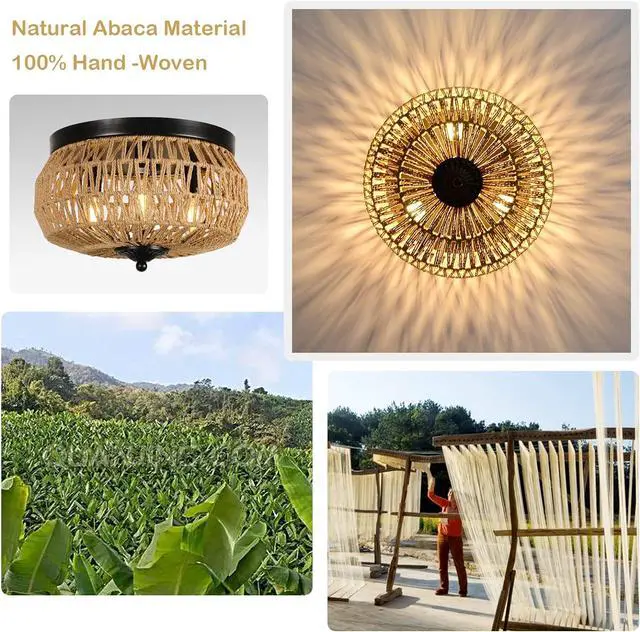 Alt view image 2 of 7 - 3-Lights Woven Rattan Flush Mount Ceiling Light Fixture with Hand-Worked Cage Shade for Bedroom, Kitchen, Foyer, Porch