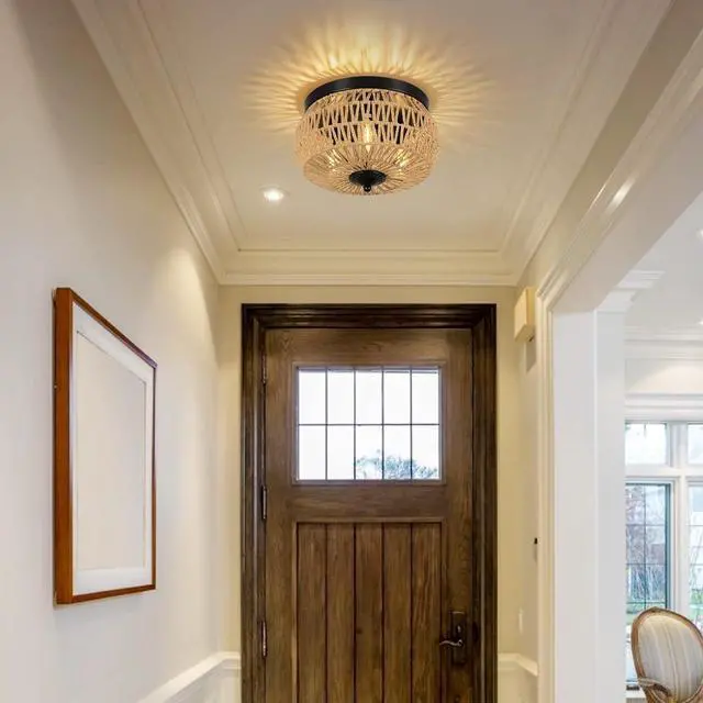 Alt view image 7 of 7 - 3-Lights Woven Rattan Flush Mount Ceiling Light Fixture with Hand-Worked Cage Shade for Bedroom, Kitchen, Foyer, Porch