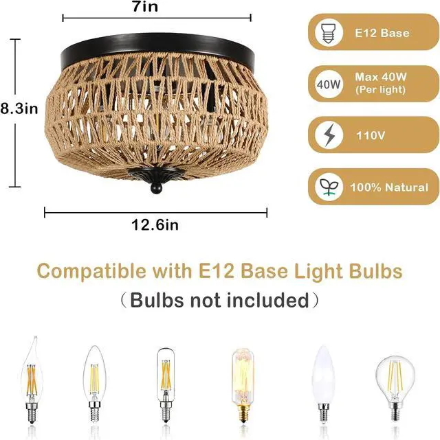 Alt view image 5 of 7 - 3-Lights Woven Rattan Flush Mount Ceiling Light Fixture with Hand-Worked Cage Shade for Bedroom, Kitchen, Foyer, Porch