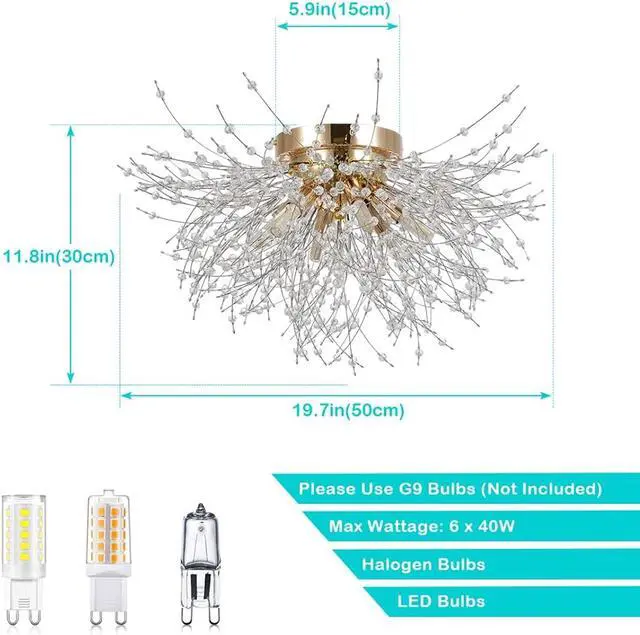 Alt view image 6 of 7 - Flush Mount Ceiling Lights, Modern Gold Crystal Sputnik Firework Close to Ceiling Lamp Led Ceiling Lighting Fixtures for Bedroom Kitchen Island Hallway Entryway Porch Gazebo