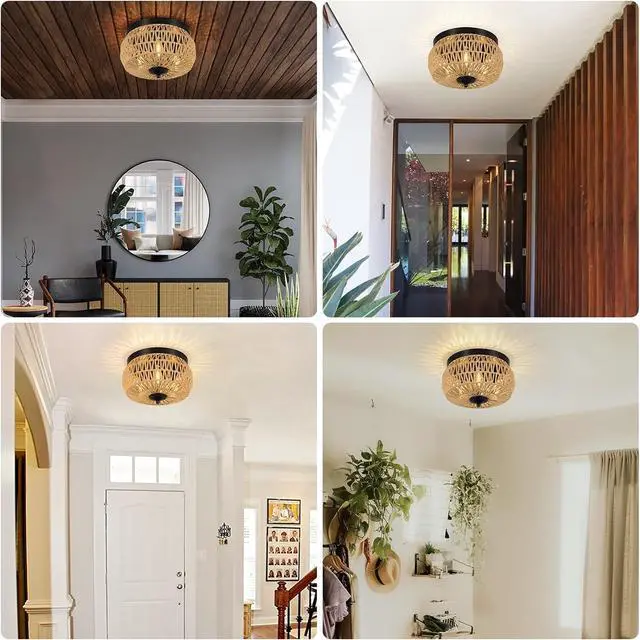 Alt view image 6 of 7 - 3-Lights Woven Rattan Flush Mount Ceiling Light Fixture with Hand-Worked Cage Shade for Bedroom, Kitchen, Foyer, Porch