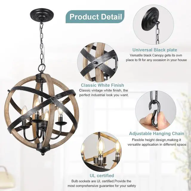 Alt view image 2 of 7 - Farmhouse Chandelier Light Fixtures?4-Light Dining Room Light Fixtures Height Adjustable?Rustic Wood Light Fixtures Ceiling Hanging for Kitchen, Living Room, Hallway, Bedroom, Foyer Entryway