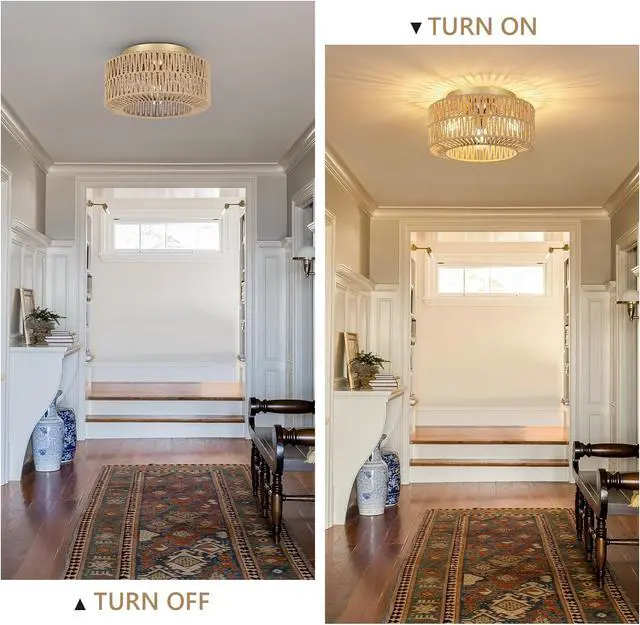 Alt view image 3 of 7 - Boho Light Fixtures Ceiling Mount, 3-Light Farmhouse Rattan Ceiling Light Fixture, Flush Mount Ceiling Light with Hand-Woven Shade, Modern Chandelier for Living Bedroom Entryway Kitchen Nursery