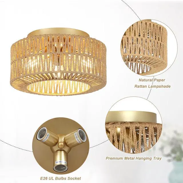 Alt view image 2 of 7 - Boho Light Fixtures Ceiling Mount, 3-Light Farmhouse Rattan Ceiling Light Fixture, Flush Mount Ceiling Light with Hand-Woven Shade, Modern Chandelier for Living Bedroom Entryway Kitchen Nursery