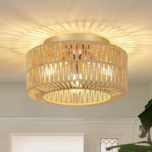 Main image of Boho Light Fixtures Ceiling Mount, 3-Light Farmhouse Rattan Ceiling Light Fixture, Flush Mount Ceiling Light with Hand-Woven Shade, Modern Chandelier for Living Bedroom Entryway Kitchen Nursery