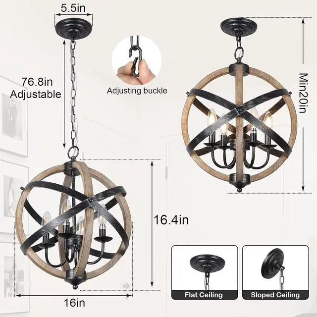 Alt view image 6 of 7 - Farmhouse Chandelier Light Fixtures?4-Light Dining Room Light Fixtures Height Adjustable?Rustic Wood Light Fixtures Ceiling Hanging for Kitchen, Living Room, Hallway, Bedroom, Foyer Entryway