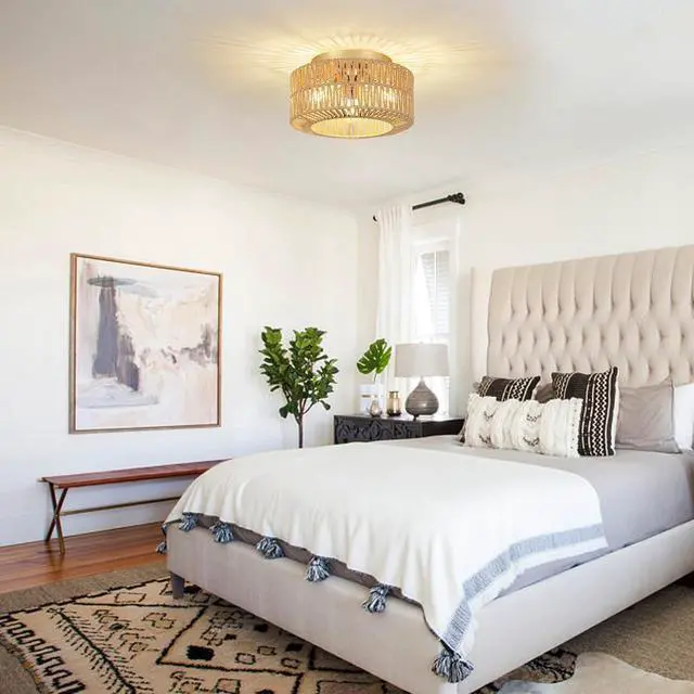 Alt view image 7 of 7 - Boho Light Fixtures Ceiling Mount, 3-Light Farmhouse Rattan Ceiling Light Fixture, Flush Mount Ceiling Light with Hand-Woven Shade, Modern Chandelier for Living Bedroom Entryway Kitchen Nursery