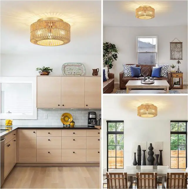 Alt view image 6 of 7 - Boho Light Fixtures Ceiling Mount, 3-Light Farmhouse Rattan Ceiling Light Fixture, Flush Mount Ceiling Light with Hand-Woven Shade, Modern Chandelier for Living Bedroom Entryway Kitchen Nursery