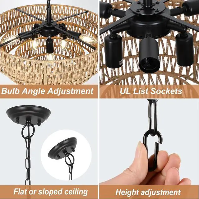 Alt view image 4 of 7 - Boho Rattan Chandelier, 6-Light Dining Room Light Fixture, Wicker Pendant Lighting with 4-Tier Woven Lampshade, Large Farmhouse Chandeliers for Dining Room Bedroom Kitchen Living Room(20")