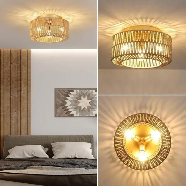 Alt view image 4 of 7 - Boho Light Fixtures Ceiling Mount, 3-Light Farmhouse Rattan Ceiling Light Fixture, Flush Mount Ceiling Light with Hand-Woven Shade, Modern Chandelier for Living Bedroom Entryway Kitchen Nursery
