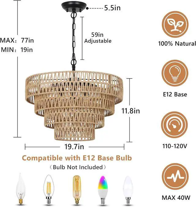 Alt view image 2 of 7 - Boho Rattan Chandelier, 6-Light Dining Room Light Fixture, Wicker Pendant Lighting with 4-Tier Woven Lampshade, Large Farmhouse Chandeliers for Dining Room Bedroom Kitchen Living Room(20")