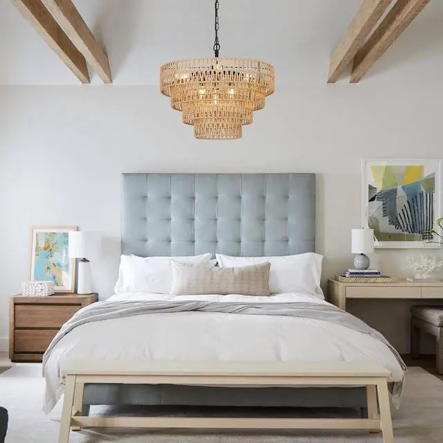 Alt view image 6 of 7 - Boho Rattan Chandelier, 6-Light Dining Room Light Fixture, Wicker Pendant Lighting with 4-Tier Woven Lampshade, Large Farmhouse Chandeliers for Dining Room Bedroom Kitchen Living Room(20")