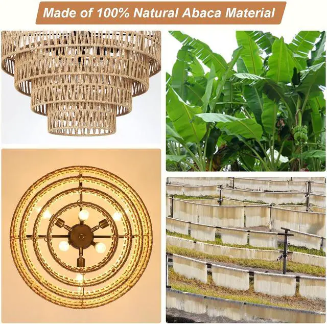 Alt view image 5 of 7 - Boho Rattan Chandelier, 6-Light Dining Room Light Fixture, Wicker Pendant Lighting with 4-Tier Woven Lampshade, Large Farmhouse Chandeliers for Dining Room Bedroom Kitchen Living Room(20")