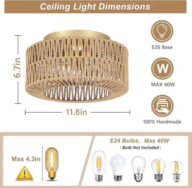 Alt view image 5 of 7 - Boho Light Fixtures Ceiling Mount, 3-Light Farmhouse Rattan Ceiling Light Fixture, Flush Mount Ceiling Light with Hand-Woven Shade, Modern Chandelier for Living Bedroom Entryway Kitchen Nursery
