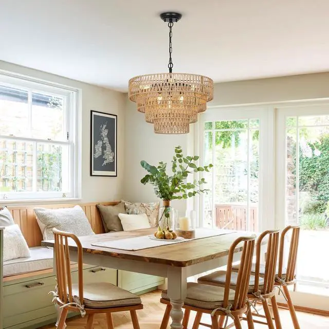 Alt view image 3 of 7 - Boho Rattan Chandelier, 6-Light Dining Room Light Fixture, Wicker Pendant Lighting with 4-Tier Woven Lampshade, Large Farmhouse Chandeliers for Dining Room Bedroom Kitchen Living Room(20")