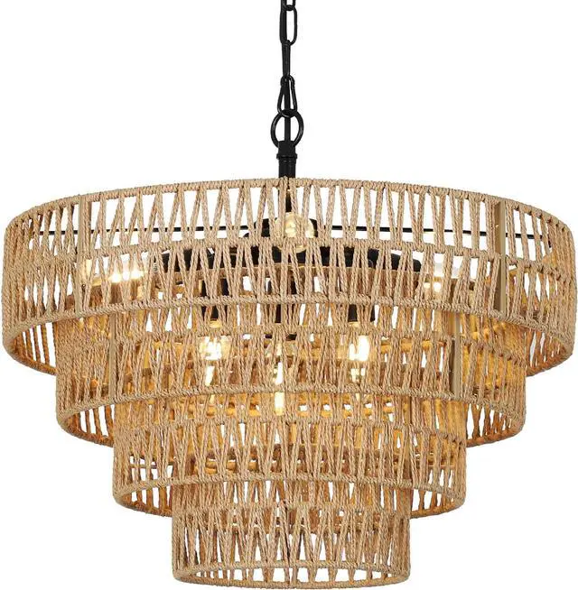 Main image of Boho Rattan Chandelier, 6-Light Dining Room Light Fixture, Wicker Pendant Lighting with 4-Tier Woven Lampshade, Large Farmhouse Chandeliers for Dining Room Bedroom Kitchen Living Room(20")