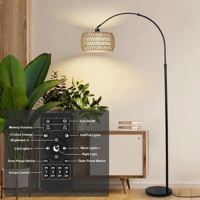 Alt view image 3 of 7 - Arc Floor Lamps for Living Room with 3 Color Temperatures, Black Standing Lamp with Remote & Dimmable Led Bulb, Rattan Boho Floor Lamp, Farmhouse Tall Lamp for Bedroom, Over Couch Arched Reading Light