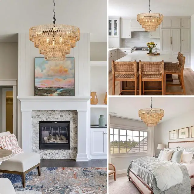 Alt view image 7 of 7 - Boho Rattan Chandelier, 6-Light Dining Room Light Fixture, Wicker Pendant Lighting with 4-Tier Woven Lampshade, Large Farmhouse Chandeliers for Dining Room Bedroom Kitchen Living Room(20")