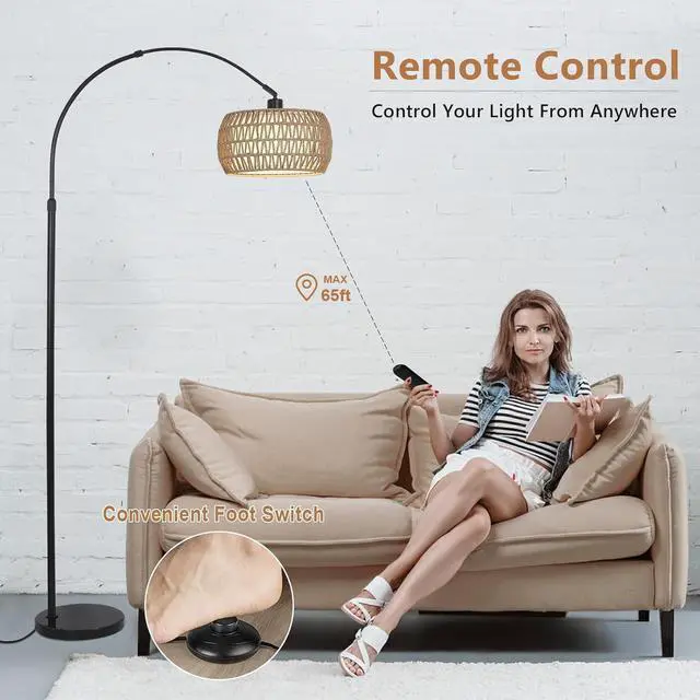 Alt view image 2 of 7 - Arc Floor Lamps for Living Room with 3 Color Temperatures, Black Standing Lamp with Remote & Dimmable Led Bulb, Rattan Boho Floor Lamp, Farmhouse Tall Lamp for Bedroom, Over Couch Arched Reading Light