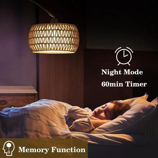 Alt view image 4 of 7 - Arc Floor Lamps for Living Room with 3 Color Temperatures, Black Standing Lamp with Remote & Dimmable Led Bulb, Rattan Boho Floor Lamp, Farmhouse Tall Lamp for Bedroom, Over Couch Arched Reading Light
