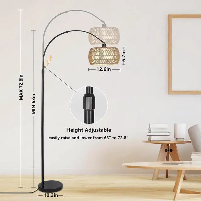 Alt view image 7 of 7 - Arc Floor Lamps for Living Room with 3 Color Temperatures, Black Standing Lamp with Remote & Dimmable Led Bulb, Rattan Boho Floor Lamp, Farmhouse Tall Lamp for Bedroom, Over Couch Arched Reading Light