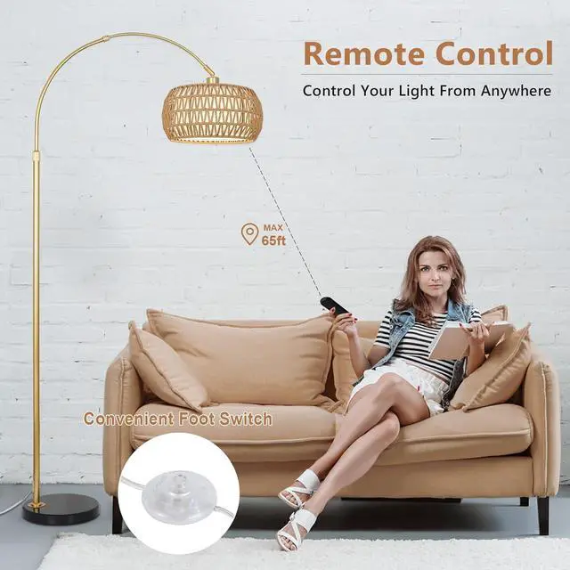 Alt view image 2 of 7 - Gold Floor Lamps for Living Room, Arc Floor Lamp with Remote & Dimmable Bulb, Boho Rattan Standing Lamp with 3 Color Temperatures, Height Adjustable Tall Lamp for Bedroom, Over Couch Reading Lamp