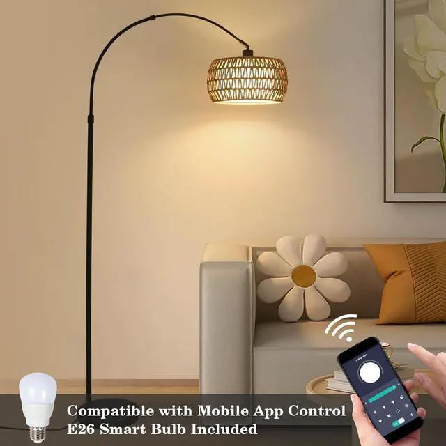 Alt view image 6 of 7 - Arc Floor Lamps for Living Room with 3 Color Temperatures, Black Standing Lamp with Remote & Dimmable Led Bulb, Rattan Boho Floor Lamp, Farmhouse Tall Lamp for Bedroom, Over Couch Arched Reading Light