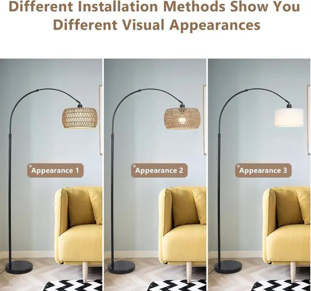 Alt view image 5 of 7 - Arc Floor Lamps for Living Room with 3 Color Temperatures, Black Standing Lamp with Remote & Dimmable Led Bulb, Rattan Boho Floor Lamp, Farmhouse Tall Lamp for Bedroom, Over Couch Arched Reading Light