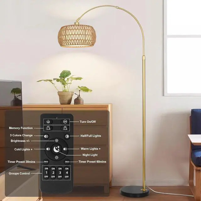 Alt view image 3 of 7 - Gold Floor Lamps for Living Room, Arc Floor Lamp with Remote & Dimmable Bulb, Boho Rattan Standing Lamp with 3 Color Temperatures, Height Adjustable Tall Lamp for Bedroom, Over Couch Reading Lamp