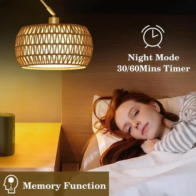 Alt view image 5 of 7 - Gold Floor Lamps for Living Room, Arc Floor Lamp with Remote & Dimmable Bulb, Boho Rattan Standing Lamp with 3 Color Temperatures, Height Adjustable Tall Lamp for Bedroom, Over Couch Reading Lamp