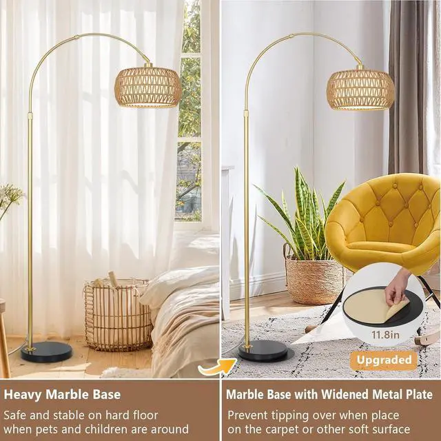 Alt view image 7 of 7 - Gold Floor Lamps for Living Room, Arc Floor Lamp with Remote & Dimmable Bulb, Boho Rattan Standing Lamp with 3 Color Temperatures, Height Adjustable Tall Lamp for Bedroom, Over Couch Reading Lamp